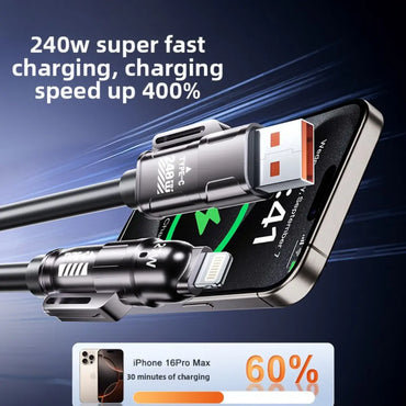 Câble de Charge Spirale 4-en-1 – 240W PD, 27W iPhone, Connecteurs USB/Type-C/Lightning (Noir) Connecto.ma