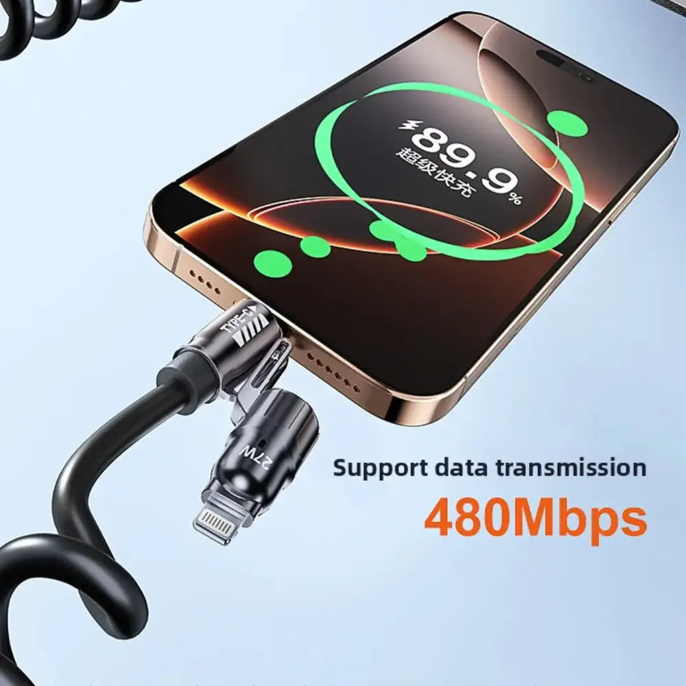 Câble de Charge Spirale 4-en-1 – 240W PD, 27W iPhone, Connecteurs USB/Type-C/Lightning (Noir) Connecto.maMaroc | Connecto.ma