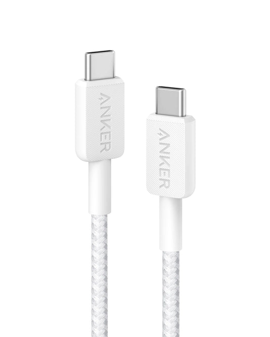 Câble Anker 322 PowerLine USB-C vers USB-C 60W 1,8 m Tressé Blanc – Charge Rapide au Maroc