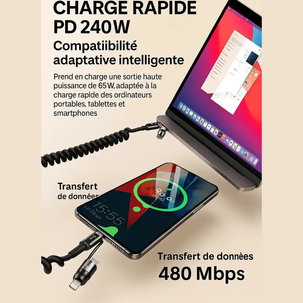 Câble de Charge Spirale 4-en-1 – 240W PD, 27W iPhone, Connecteurs USB/Type-C/Lightning (Beige) Connecto.maMaroc | Connecto.ma