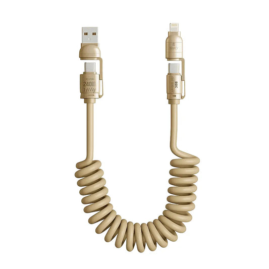 Câble de Charge Spirale 4-en-1 – 240W PD, 27W iPhone, Connecteurs USB/Type-C/Lightning Connecto.ma