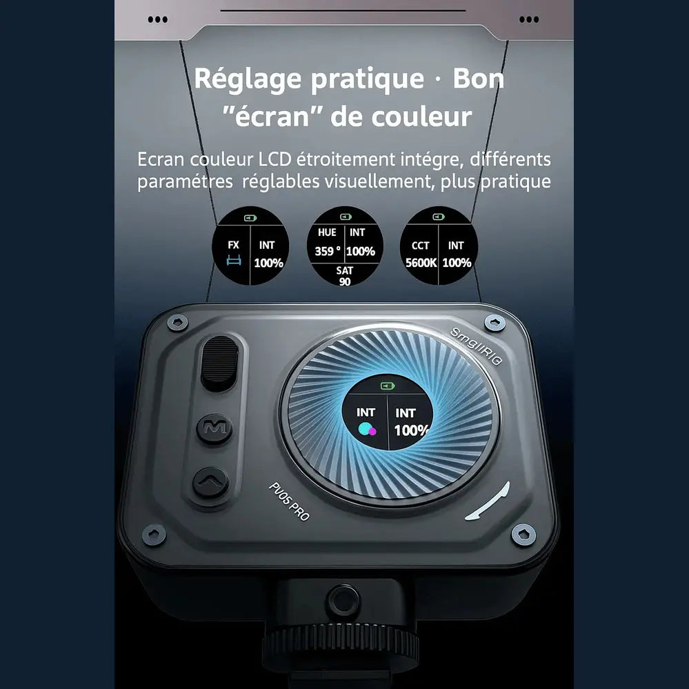 SmallRig Vibe P108 Pro – Mini Lumière Vidéo LED RGBWW 5W | Écran LCD & Effets Spéciaux SmallRigMaroc | Connecto.ma