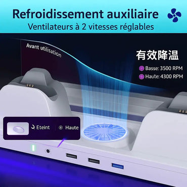 Support Playstation PS5/SLIM/PRO tout-en-un pouravec ventilateur & Éclairage RGB et chargeur — vue 2 — Connecto.ma