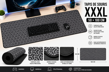Tapis de Souris XXXL 100×50 cm (Noir) Motif Géométrique – Grand Tapis de Bureau Gaming Antidérapant