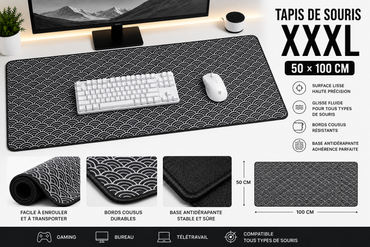Tapis de Souris XXXL 100×50 cm (Noir) Motif Vagues Japonaises – Grand Tapis Gaming Antidérapant