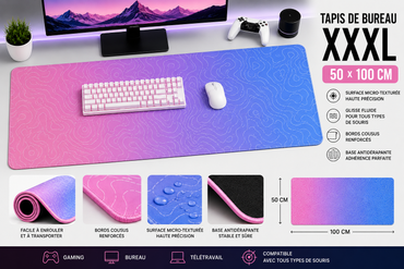 Tapis de Souris XXXL 100×50 cm (Rose & Bleu) Motif Topographique – Grand Tapis Gaming Antidérapant