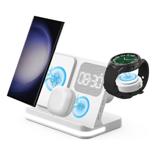 Station de Charge Sans Fil 4-en-1 avec Réveil – Compatible Samsung Galaxy & iPhone Connecto.ma