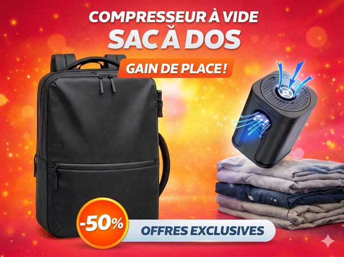 Sac à dos intelligent noir avec pompe à vide pour vêtements, idéal pour optimiser le rangement des bagages au Maroc