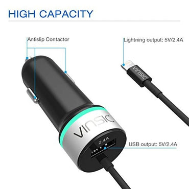 Chargeur Voiture VINSIC VSCC102 + Câble Lightning MFi pour iPhone, iPad et iPod