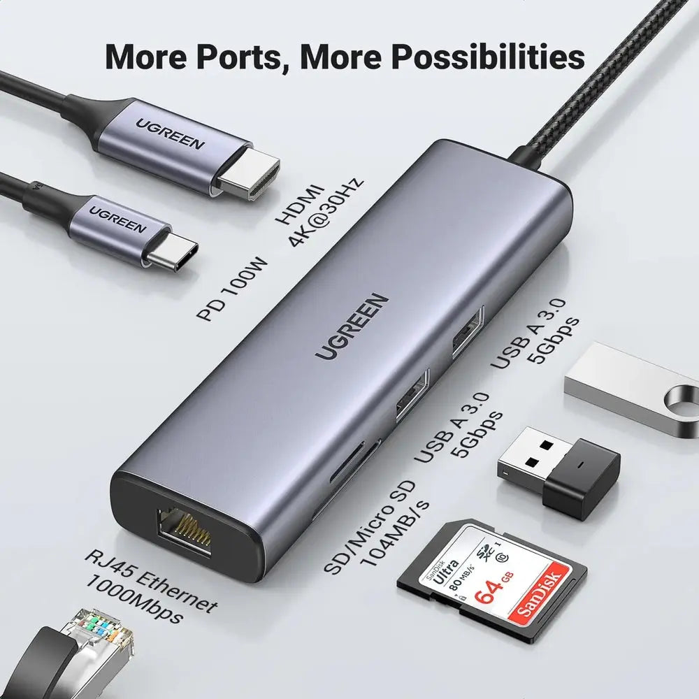 Ugreen USB-C Hub 7 en 1 avec HDMI 4K 60 Hz — vue 8 — Connecto.ma