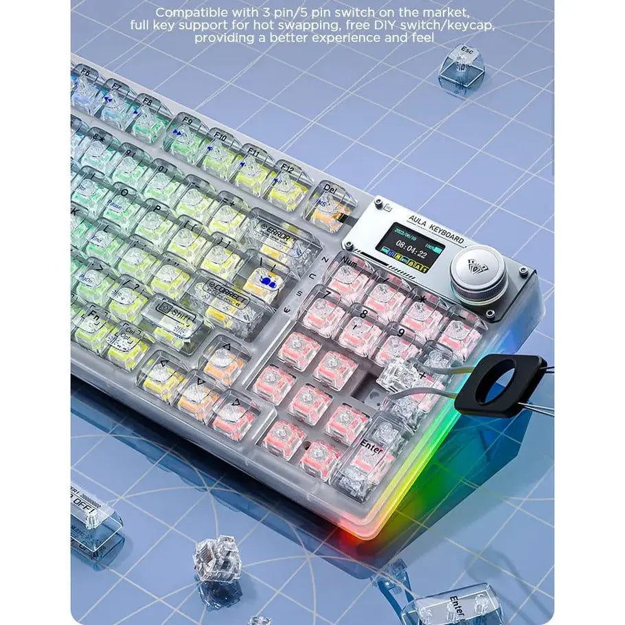 Clavier AULA F98 Pro–Sans Fil RGB Tri-mode (Transparent) — vue 2 — Connecto.ma