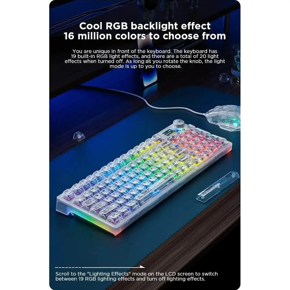 Clavier Mécanique Sans Fil AULA F98 Pro–Tri-mode (2. 4G/Bluetooth/USB-C), Switchs Hot-Swap, RGB, 98 — vue 3 — Connecto.ma