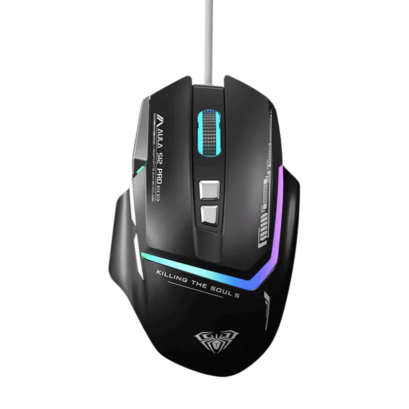 Souris Gaming Filaire AULA S12Pro+ – 1000Hz, 12800 DPI, 8 Boutons, Éclairage RGB, Macros Programmables, Faible Latence (Noir) Connecto.ma