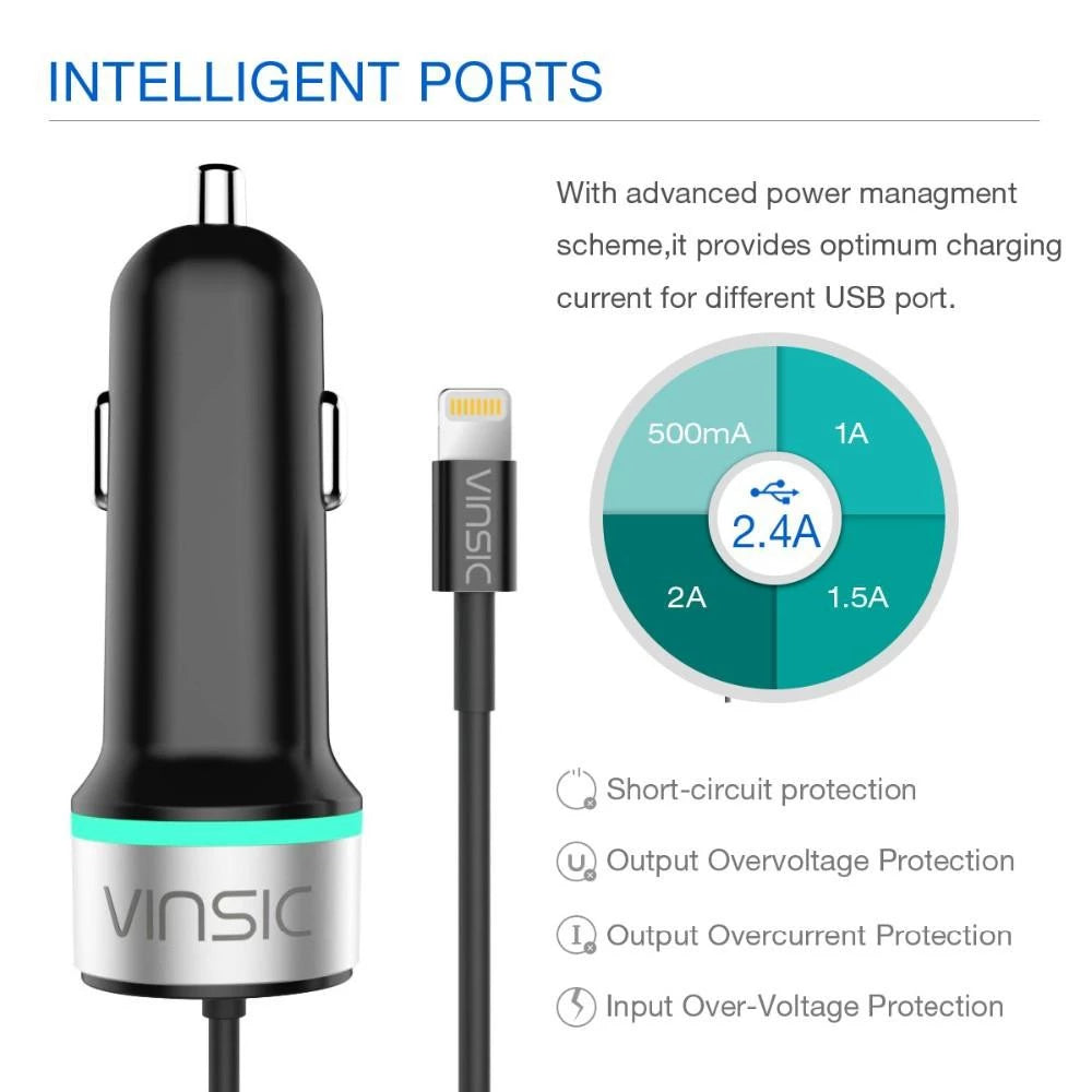 Chargeur Voiture VINSIC VSCC102 + Câble Lightning MFi pour iPhone, iPad et iPod