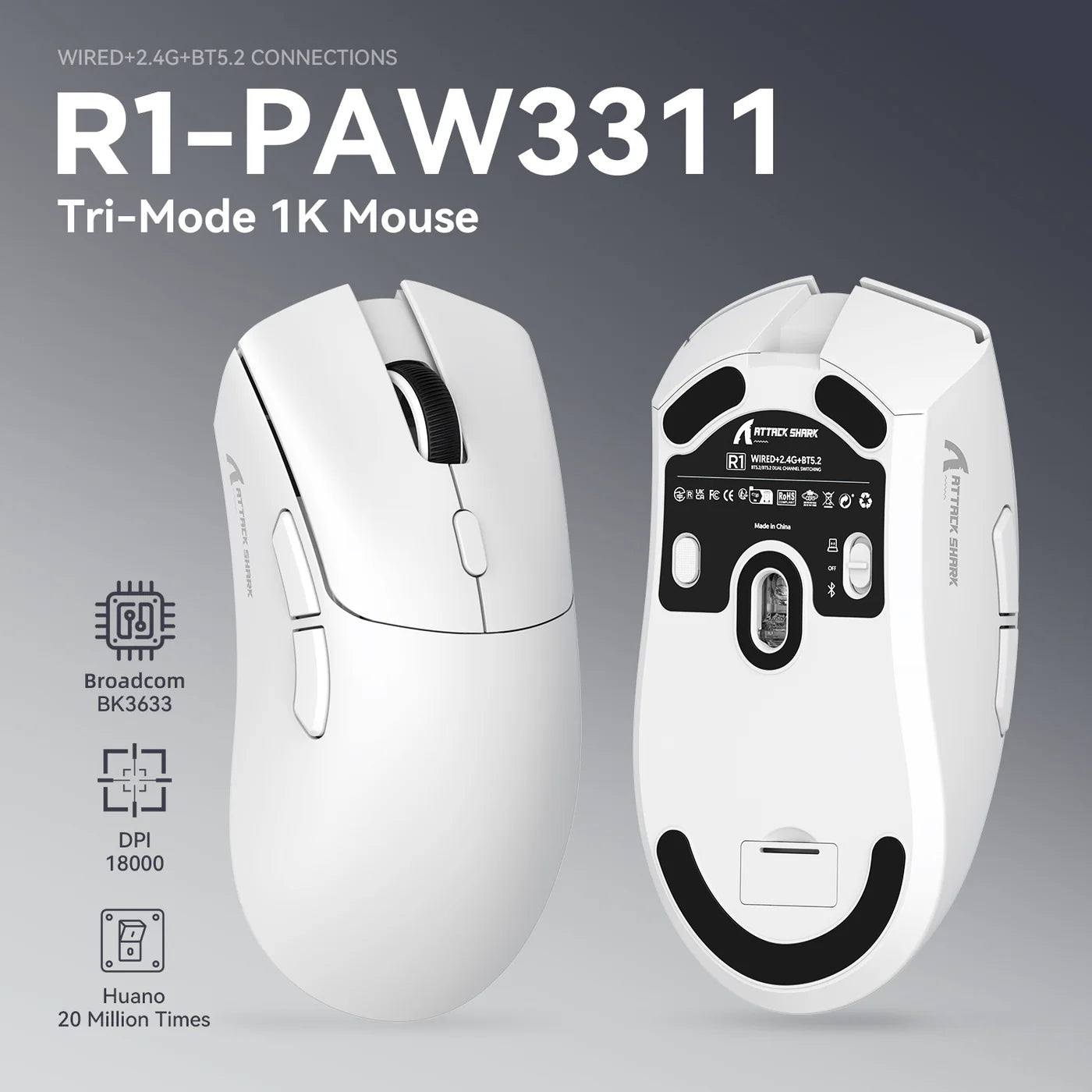 ATTACK SHARK R1 Maroc – Souris Gaming Sans Fil 59g (Blanc)