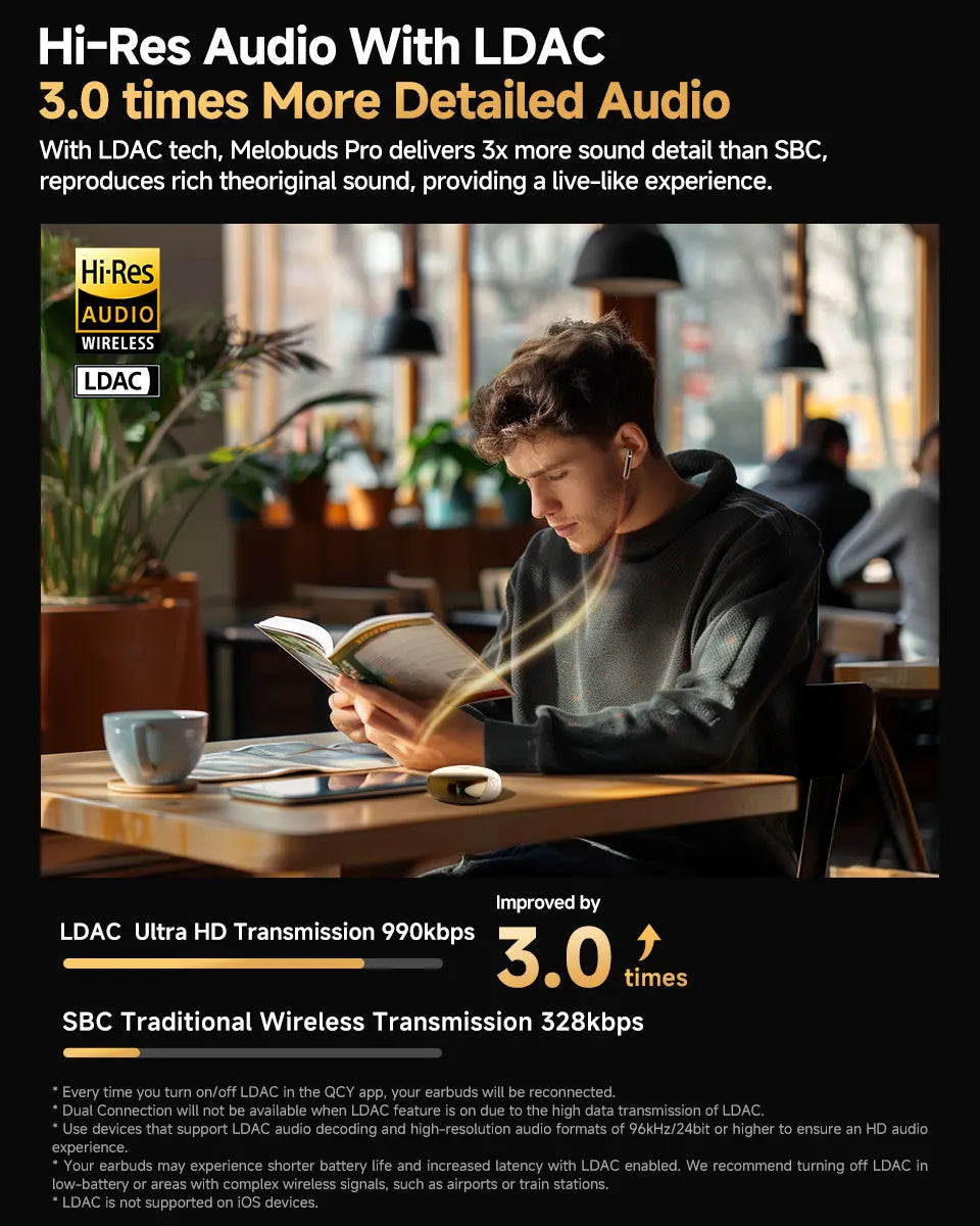 QCY MeloBuds Pro - infographie Hi-Res Audio LDAC 3x plus de détails - Connecto.ma