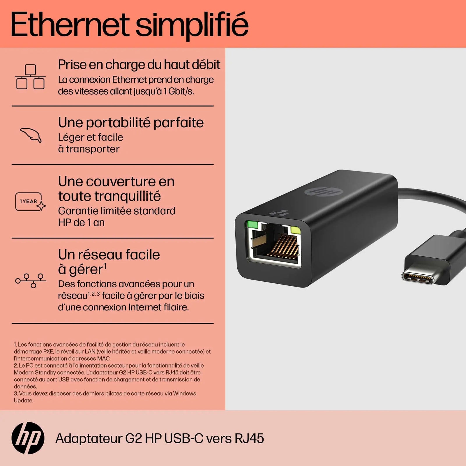 Adaptateur HP USB-C vers RJ45 G2 — vue 6 — Connecto.ma