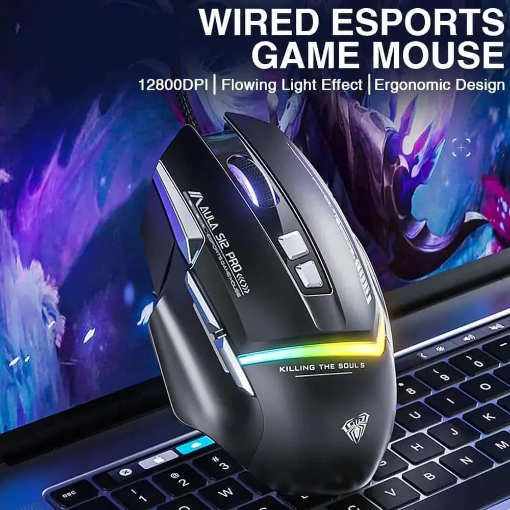 Souris Gaming Filaire AULA S12Pro+–1000Hz, 12800 DPI, 8 Boutons, Éclairage RGB — vue 3 — Connecto.ma