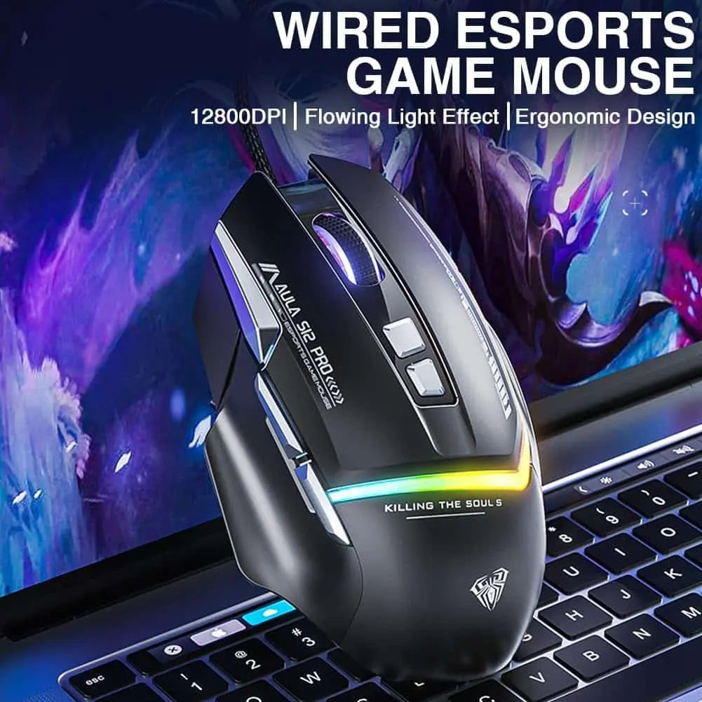 Souris Gaming Filaire AULA S12Pro+ – 1000Hz, 12800 DPI, 8 Boutons, Éclairage RGB, Macros Programmables, Faible Latence (Noir) Connecto.ma