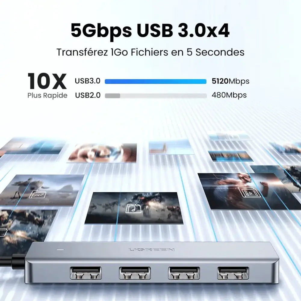 UGREEN Hub USB C vers 4 Ports USB 3.0 5Gbps — vue 3 — Connecto.ma