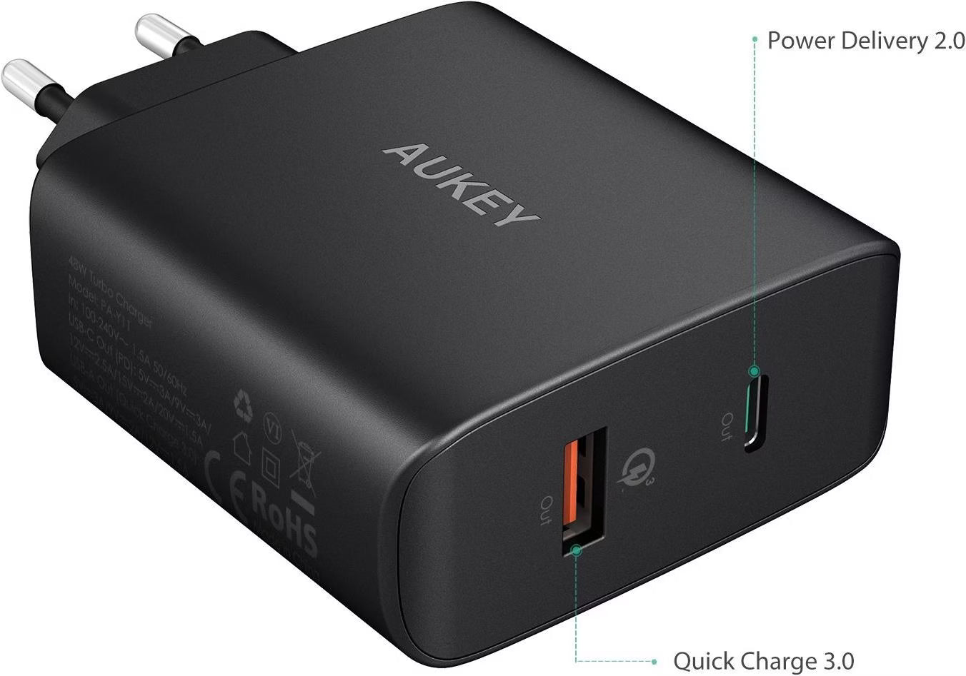 Chargeur AUKEY PA-Y11 USB-C PD + USB-A Quick Charge 3.0 48W (Noir)