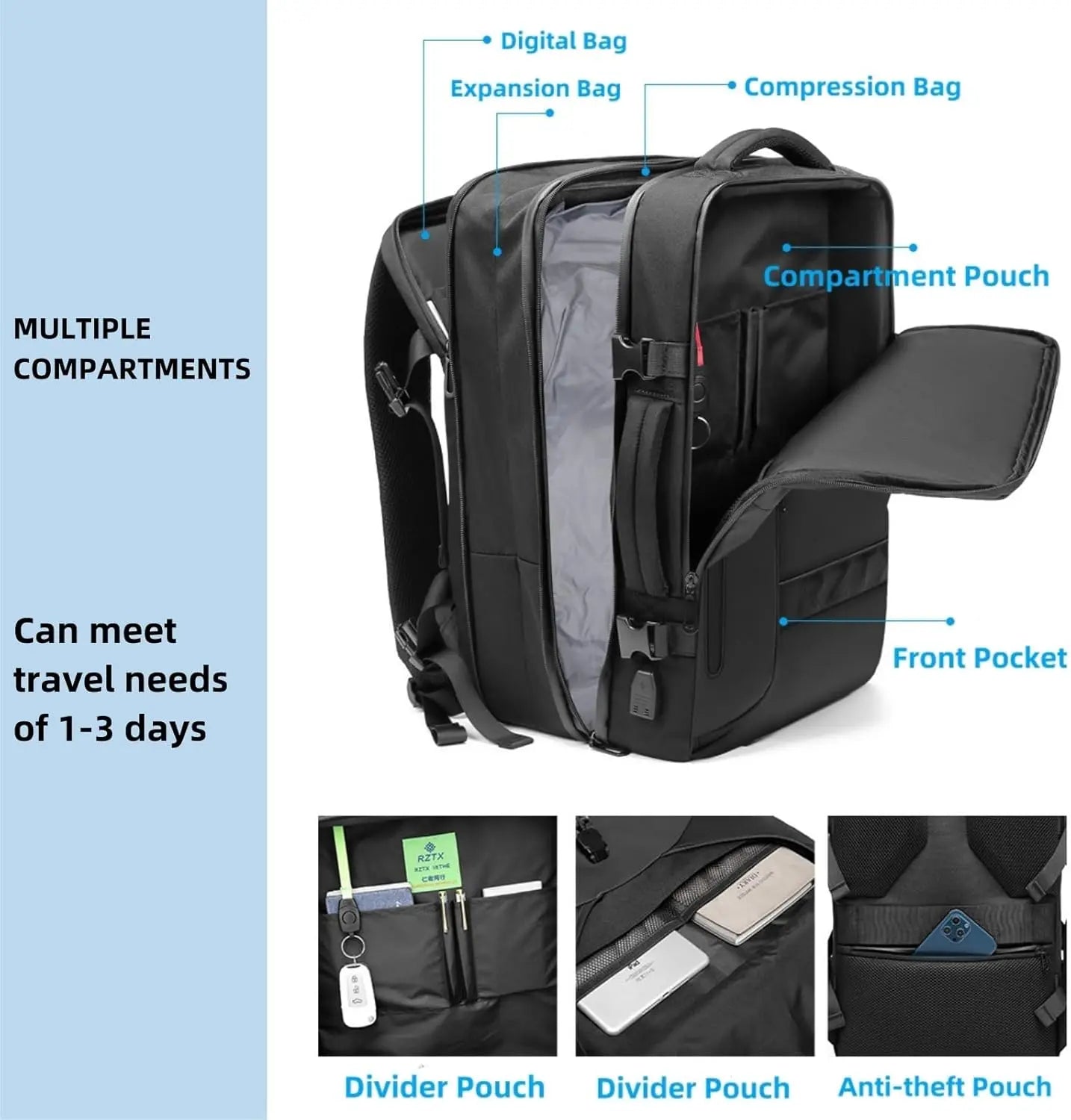 Sac à Dos Étanche RZTX – 45L, Antivol, Sac Sous Vide & Ventouse Puissante Intégrée-cartable Connecto.ma