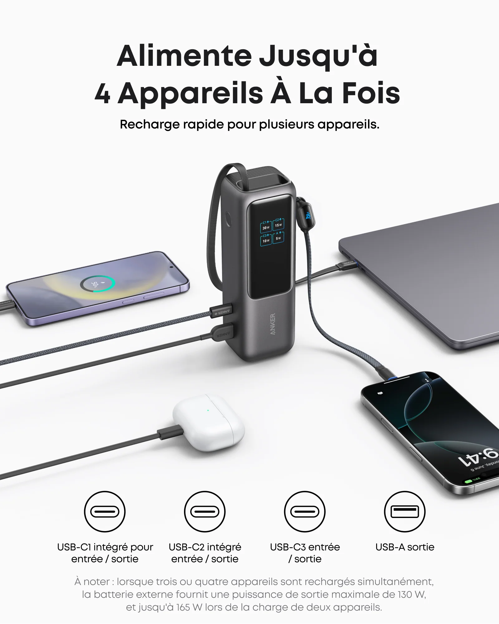 Anker A1695 Power Bank 165W — câbles USB-C rétractables intégrés — Connecto.ma