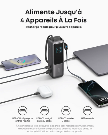 Anker A1695 Power Bank 165W — câbles USB-C rétractables intégrés — Connecto.ma