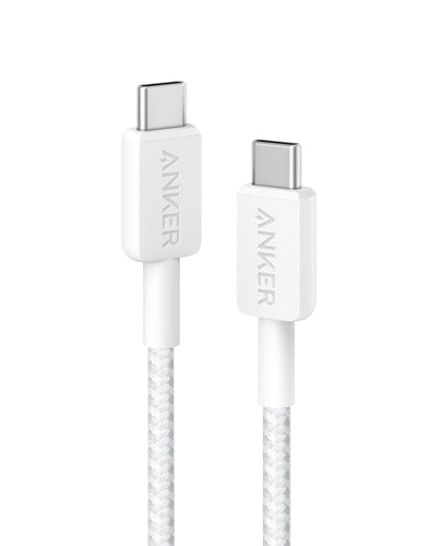 Câble Anker 322 PowerLine USB-C vers USB-C 60W 1,8 m Tressé Blanc – Charge Rapide au Maroc