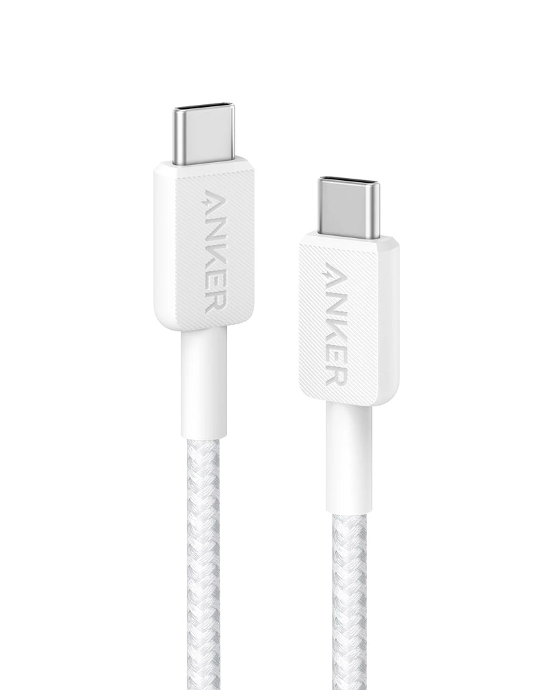 Câble Anker 322 PowerLine USB-C vers USB-C 60W 1,8 m Tressé Blanc – Charge Rapide au Maroc