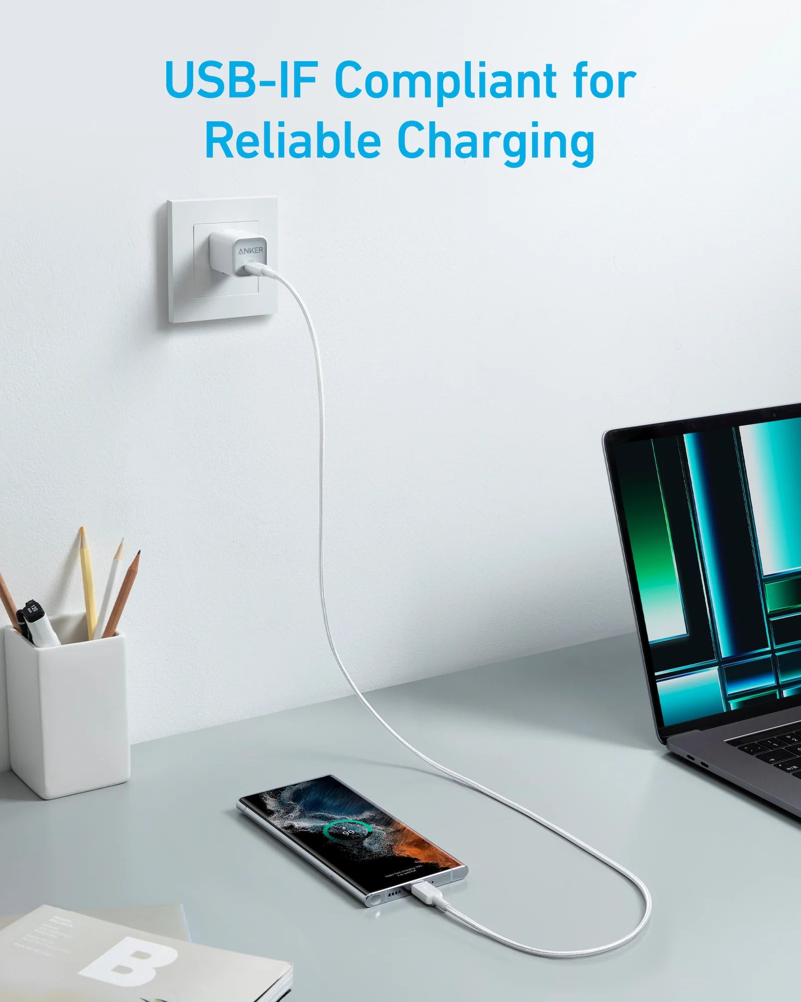 Câble Anker 322 PowerLine USB-C vers USB-C 60W 1,8 m Tressé Blanc – Charge Rapide au Maroc
