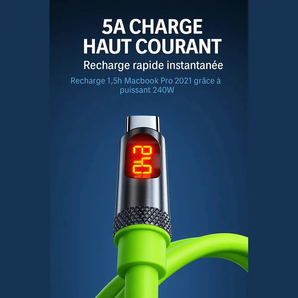Câble 240W Charge Ultra Rapide USB-C vers USB-C avec Affichage Numérique — vue 3 — Connecto.ma