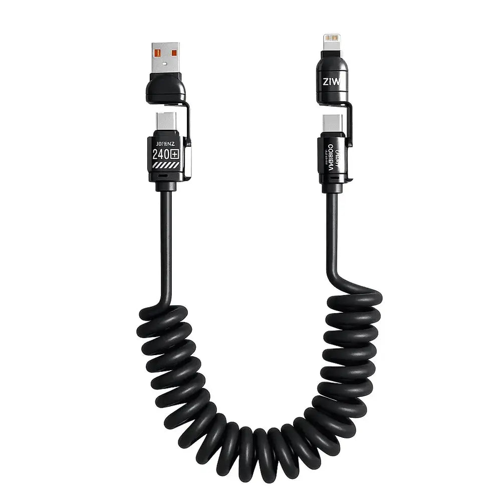Câble de Charge Spirale 4-en-1 240W – USB-C, Lightning, PD (Noir) — Connecto.ma