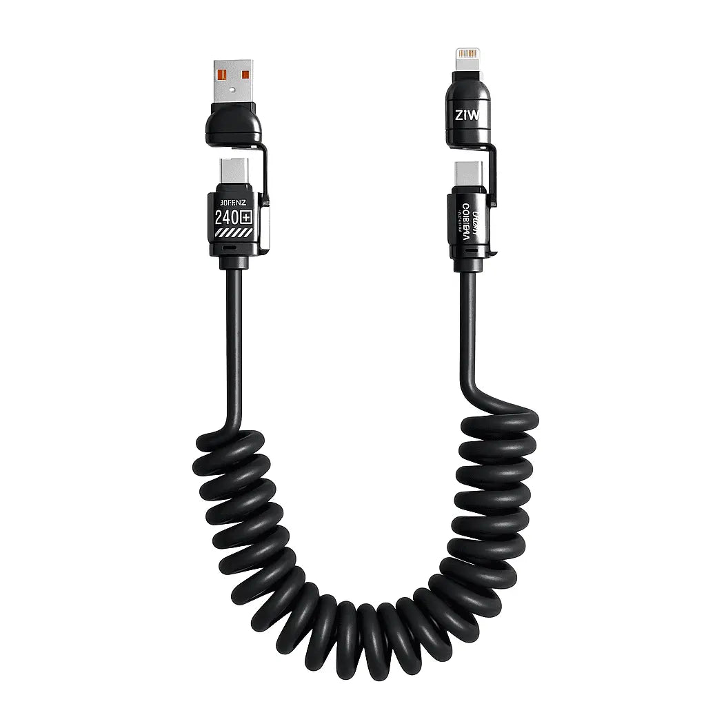 Câble de Charge Spirale 4-en-1 – 240W PD, 27W iPhone, Connecteurs USB/Type-C/Lightning (Noir) Connecto.ma