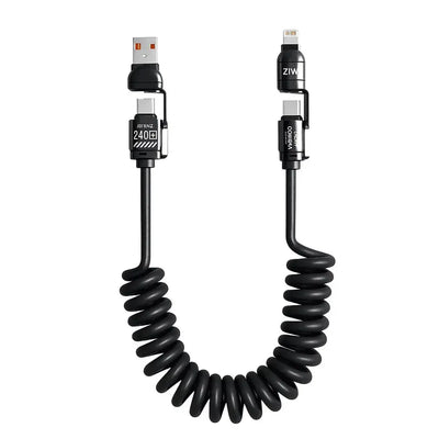 Câble de Charge Spirale 4-en-1 240W – USB-C, Lightning, PD (Noir) — Connecto.ma