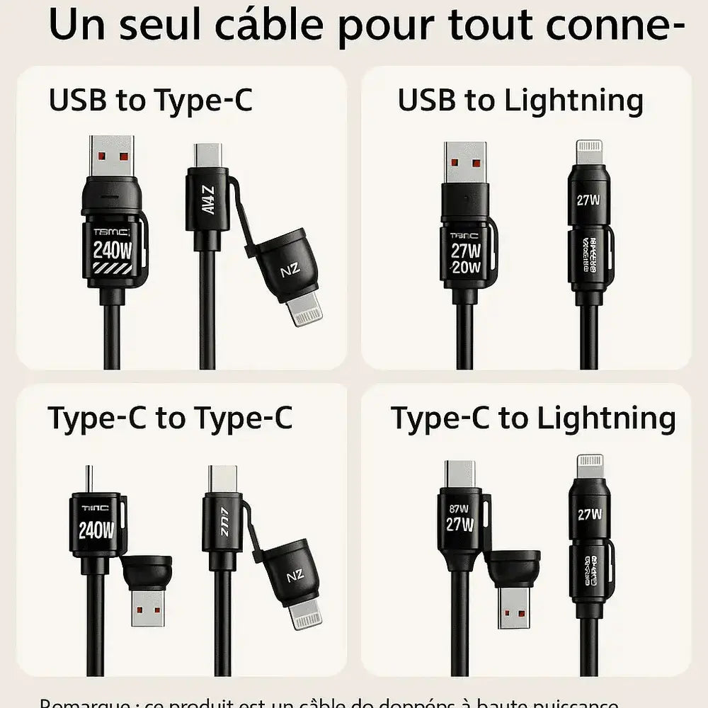 Câble de Charge Spirale 240W 4-en-1 – USB-C, Lightning, PD (Beige) — vue 2 — Connecto.ma