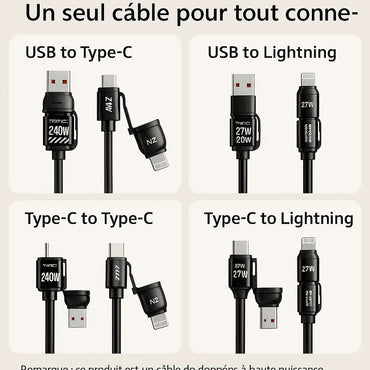 Câble de Charge Spirale 4-en-1 – 240W PD, 27W iPhone, Connecteurs USB/Type-C/Lightning Connecto.ma