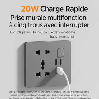 Prise Murale Multifonction 20W avec Charge Rapide et Ports USB-C/USB-A Connecto.ma