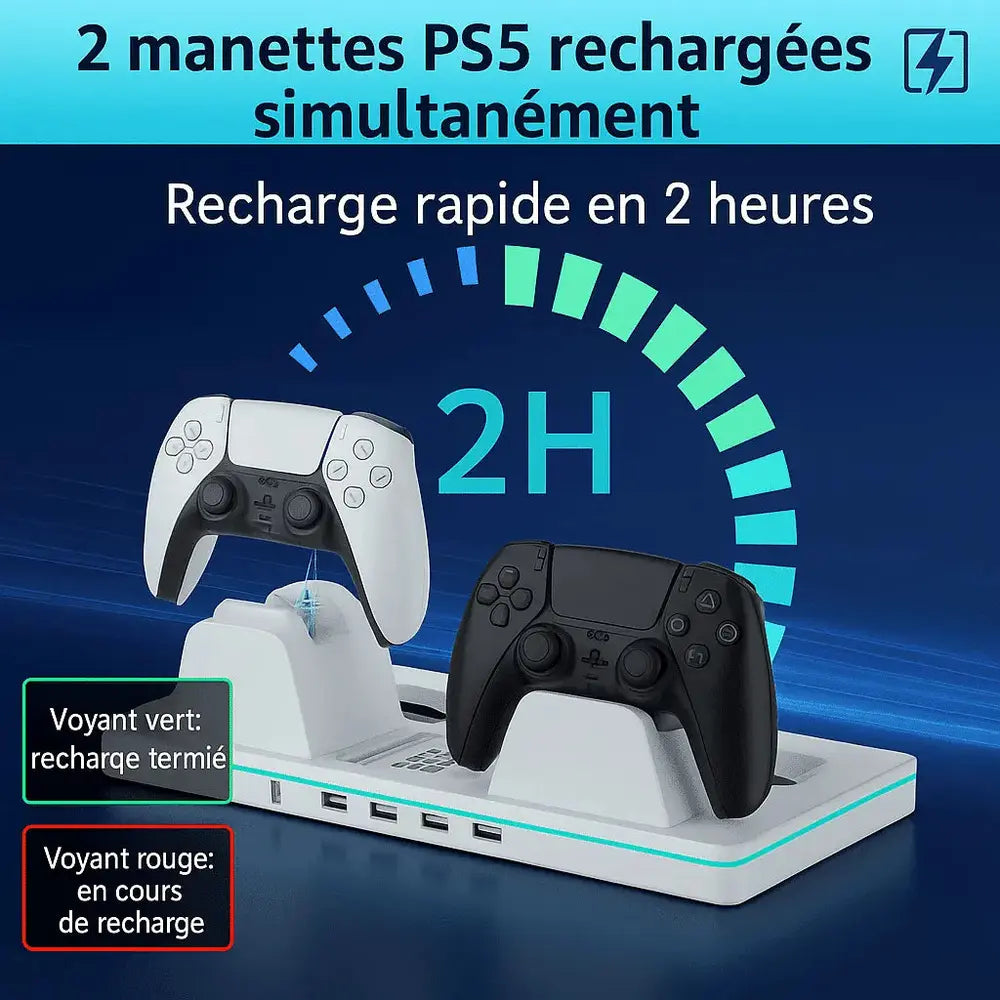 Support Playstation PS5/SLIM/PRO tout-en-un pouravec ventilateur & Éclairage RGB et chargeur — vue 3 — Connecto.ma
