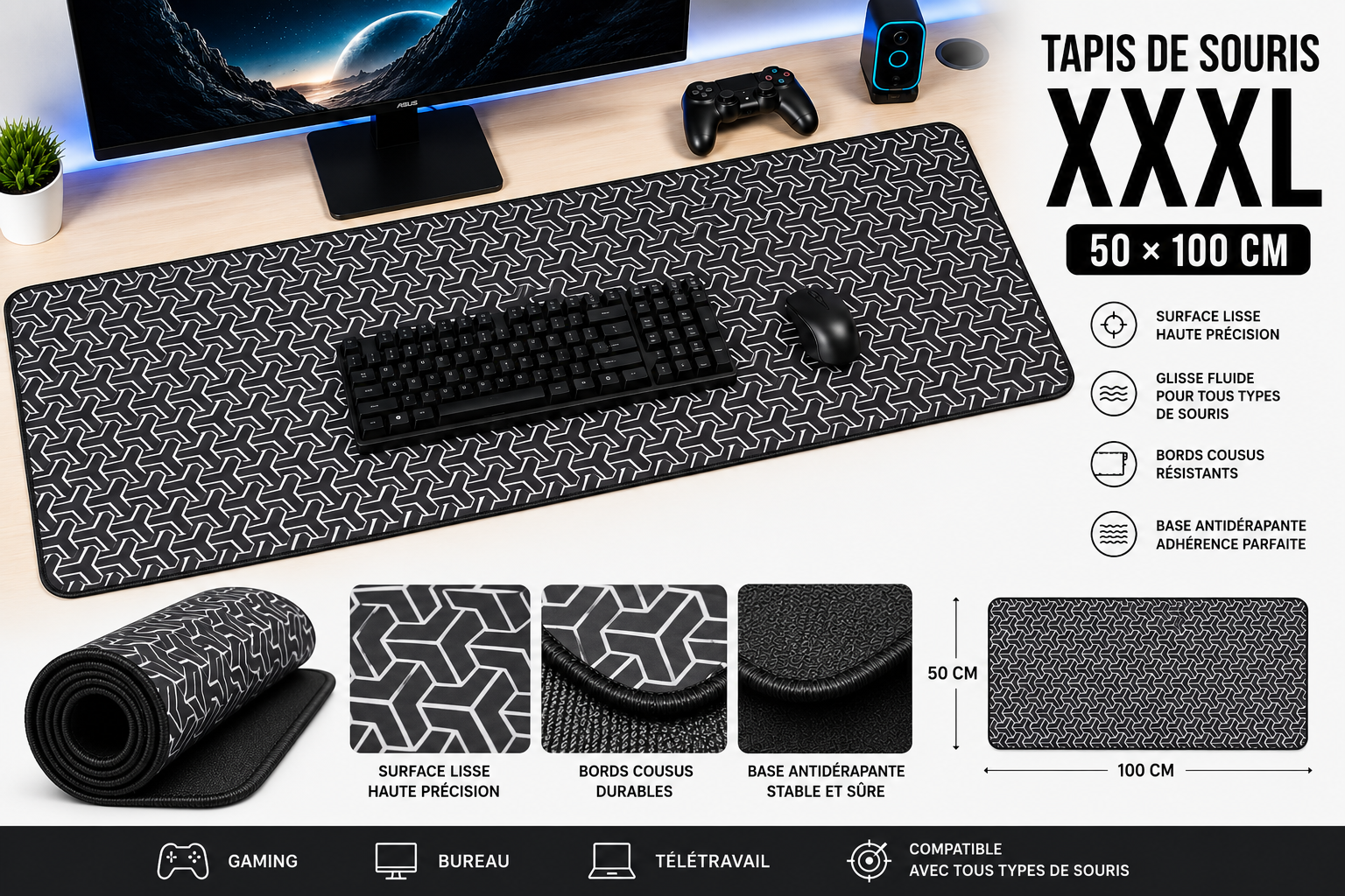 Tapis de Souris XXXL Noir Motif Géométrique – Grand Tapis de Bureau Gaming Antidérapant 100cm*50cm
