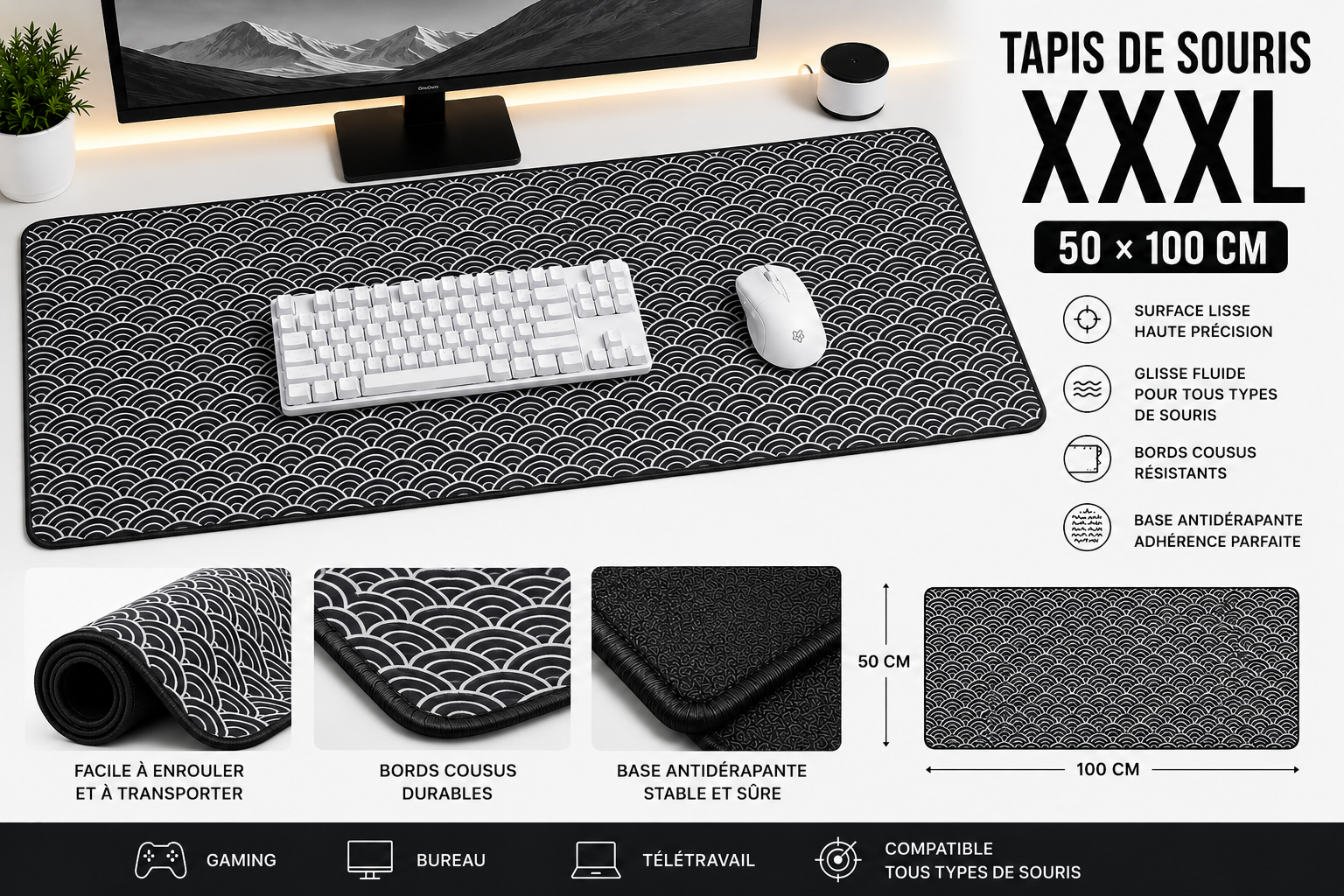 Tapis de Souris XXXL Noir Motif Vagues Japonaises – Grand Tapis Gaming Antidérapant 100cm*50cm