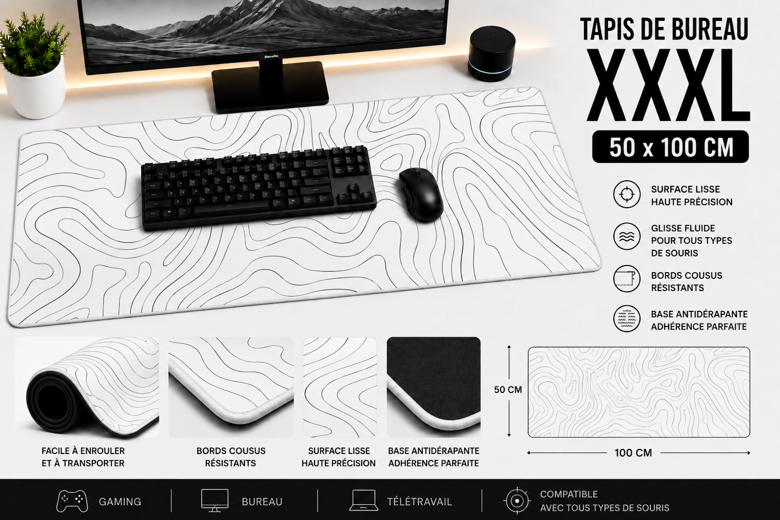 Tapis de Souris XXXL Blanc Motif Topographique – Grand Tapis Gaming Antidérapant 100cm*50cm