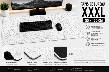 Tapis de Souris XXXL 100×50 cm (Blanc) Motif Topographique – Grand Tapis Gaming Antidérapant