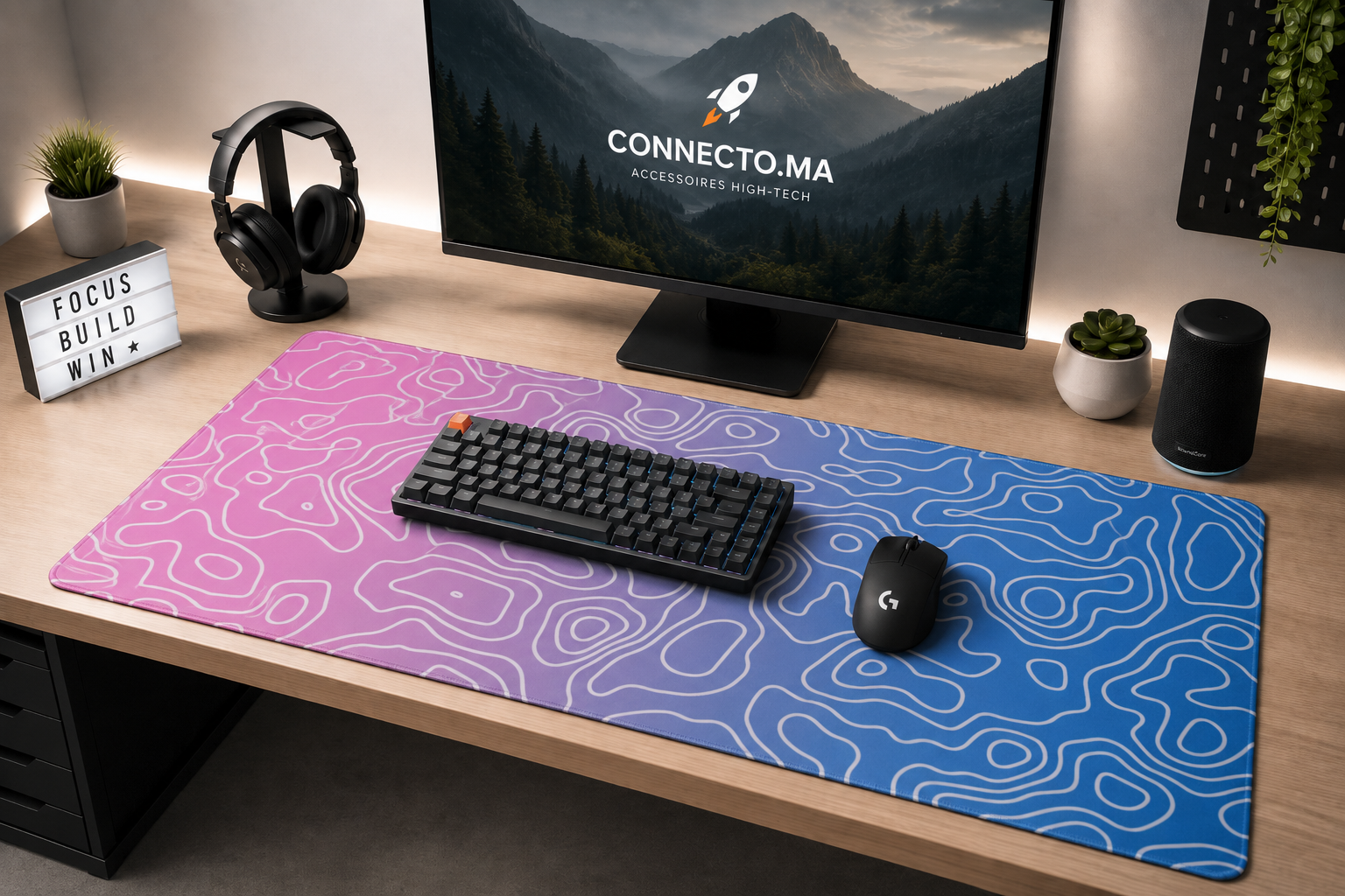 Tapis de Souris XXXL Rose & Bleu Motif Topographique – Grand Tapis Gaming Antidérapant 100cm*50cm