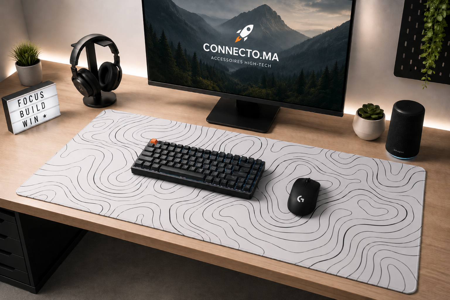 Tapis de Souris XXXL Blanc Motif Topographique – Grand Tapis Gaming Antidérapant 100cm*50cm