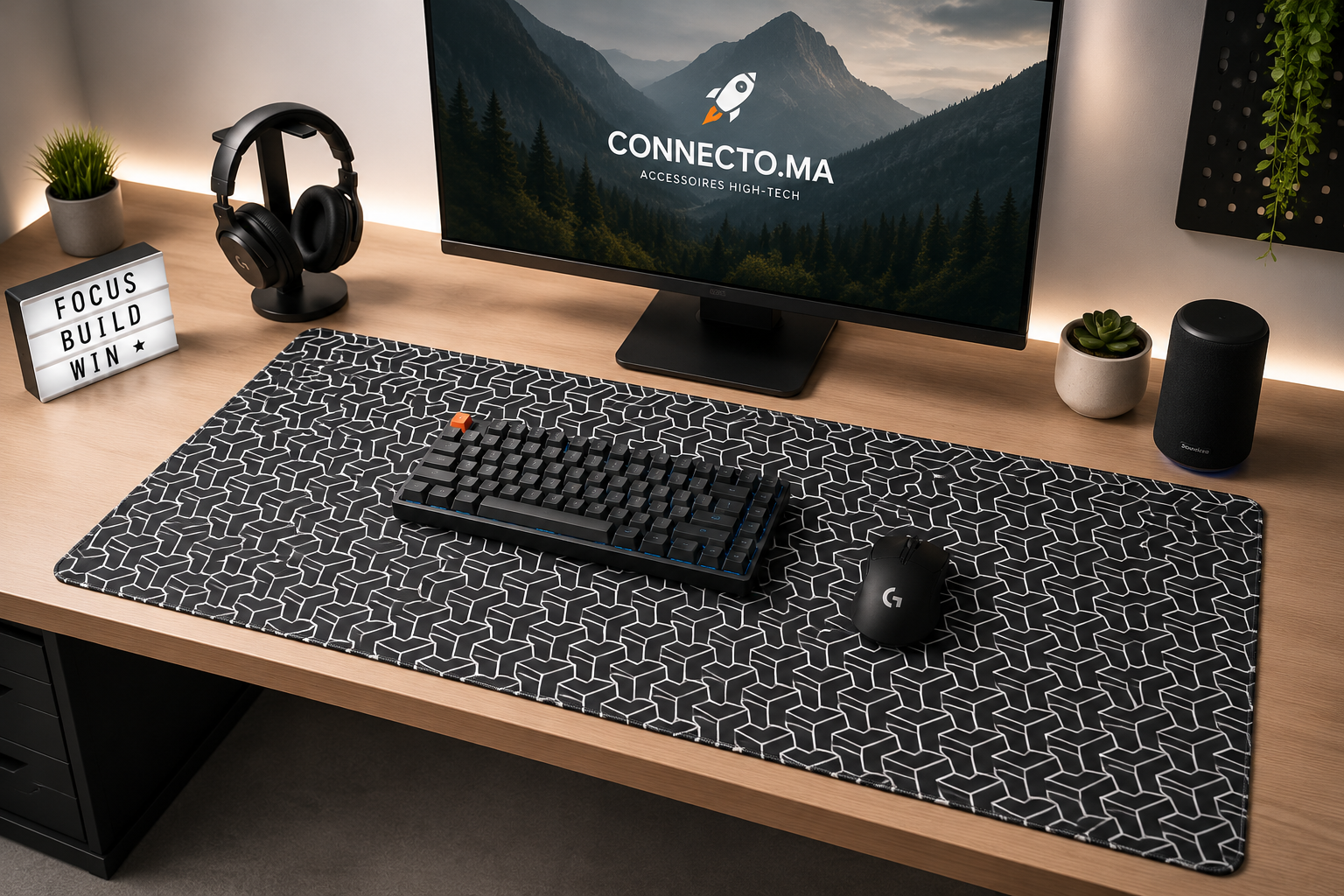 Tapis de Souris XXXL Noir Motif Géométrique – Grand Tapis de Bureau Gaming Antidérapant 100cm*50cm