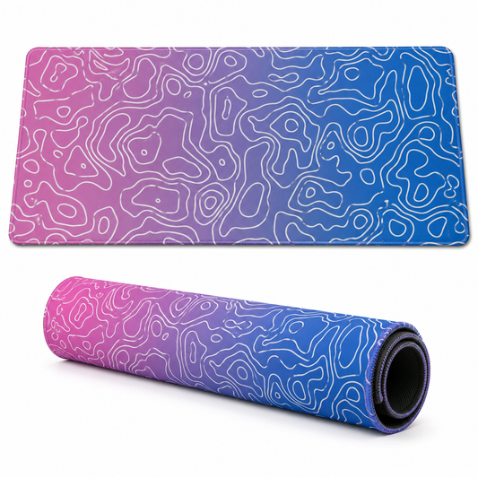 Tapis de Souris XXXL 100×50 cm (Rose & Bleu) Motif Topographique – Grand Tapis Gaming Antidérapant