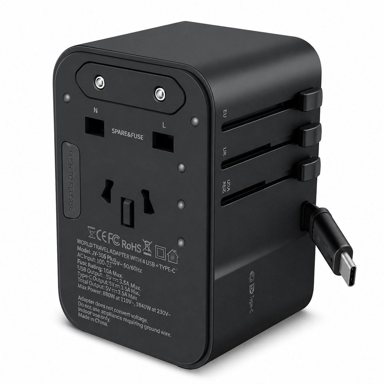 Adaptateur de voyage SANTA BARBARA 70W (noir) avec ports USB-C, 2 USB-A et prise AC universelle.