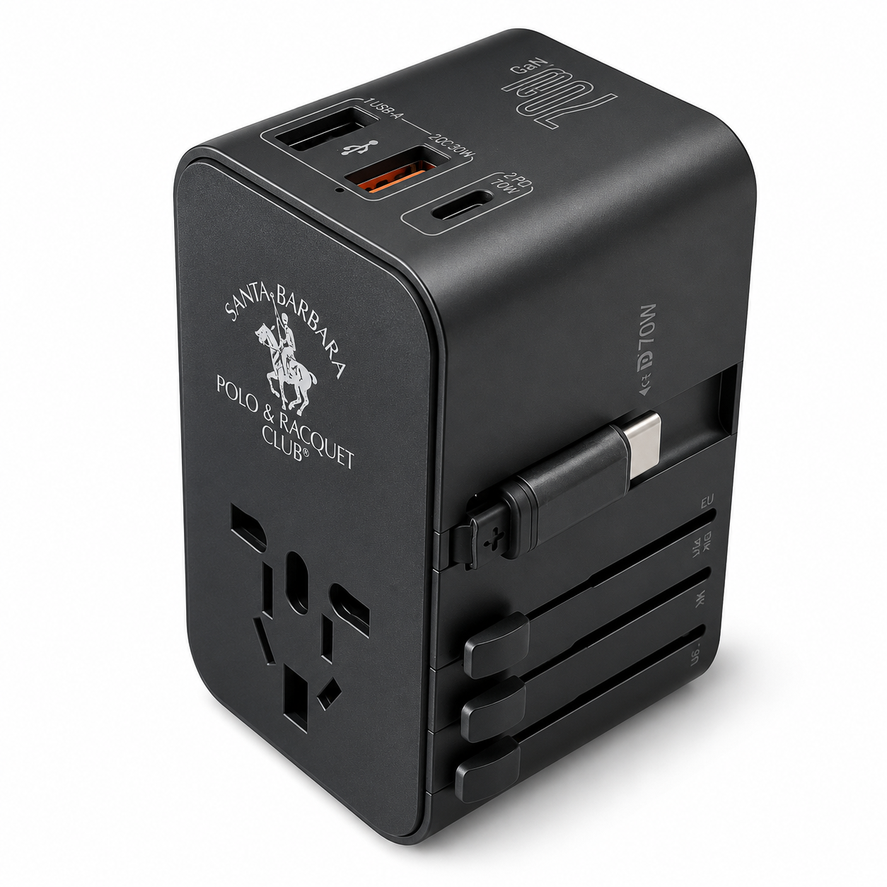 Adaptateur de voyage SANTA BARBARA 70W (noir) avec ports USB-C, 2 USB-A et prise AC universelle.