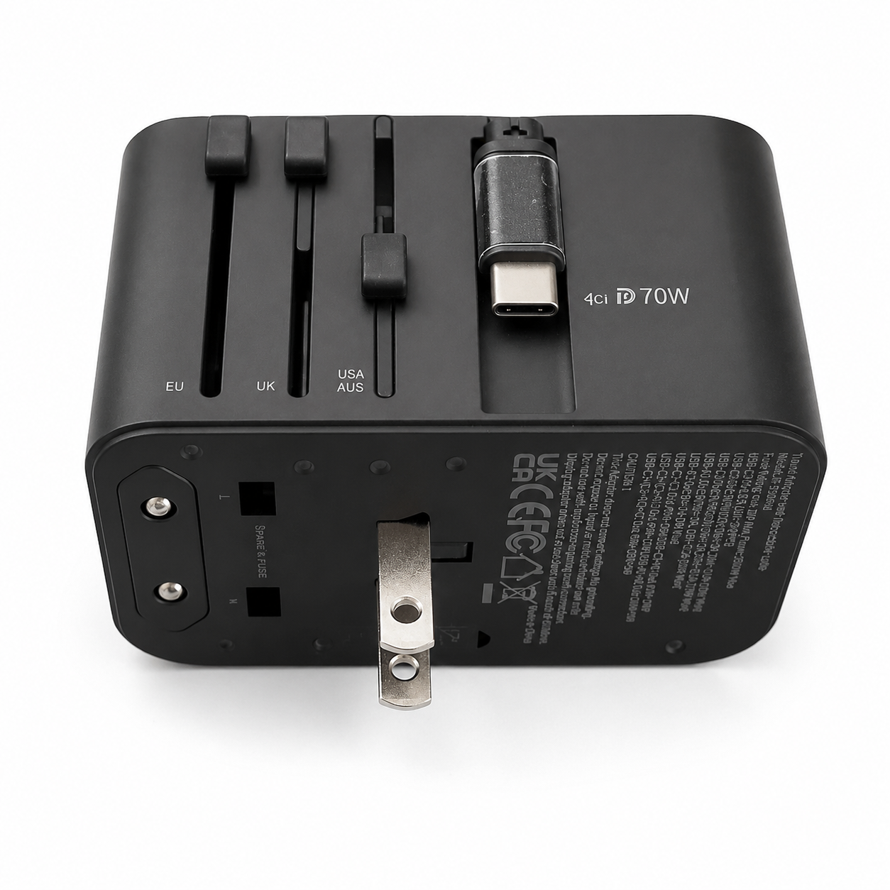 Adaptateur de voyage SANTA BARBARA 70W (noir) avec ports USB-C, 2 USB-A et prise AC universelle.